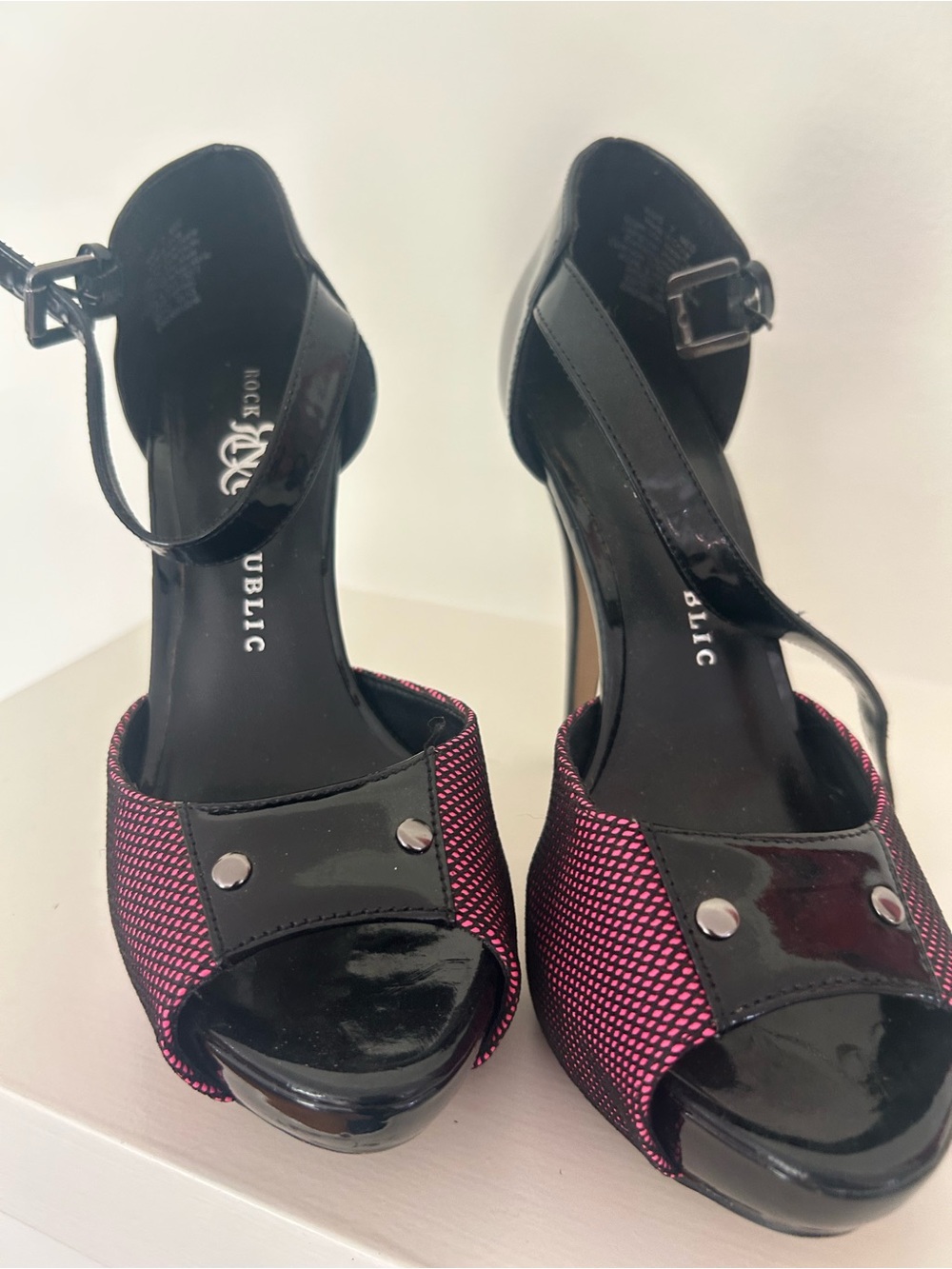 Rock & Republic Black and Pink Peep-Toe Ankle Strap Heels